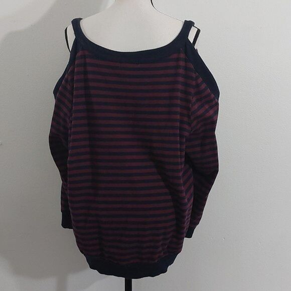 Lane Bryant Navy Burgundy Striped Cold Shoulder Long Sleeve Sweater Size 18 /20 - Picture 7 of 10